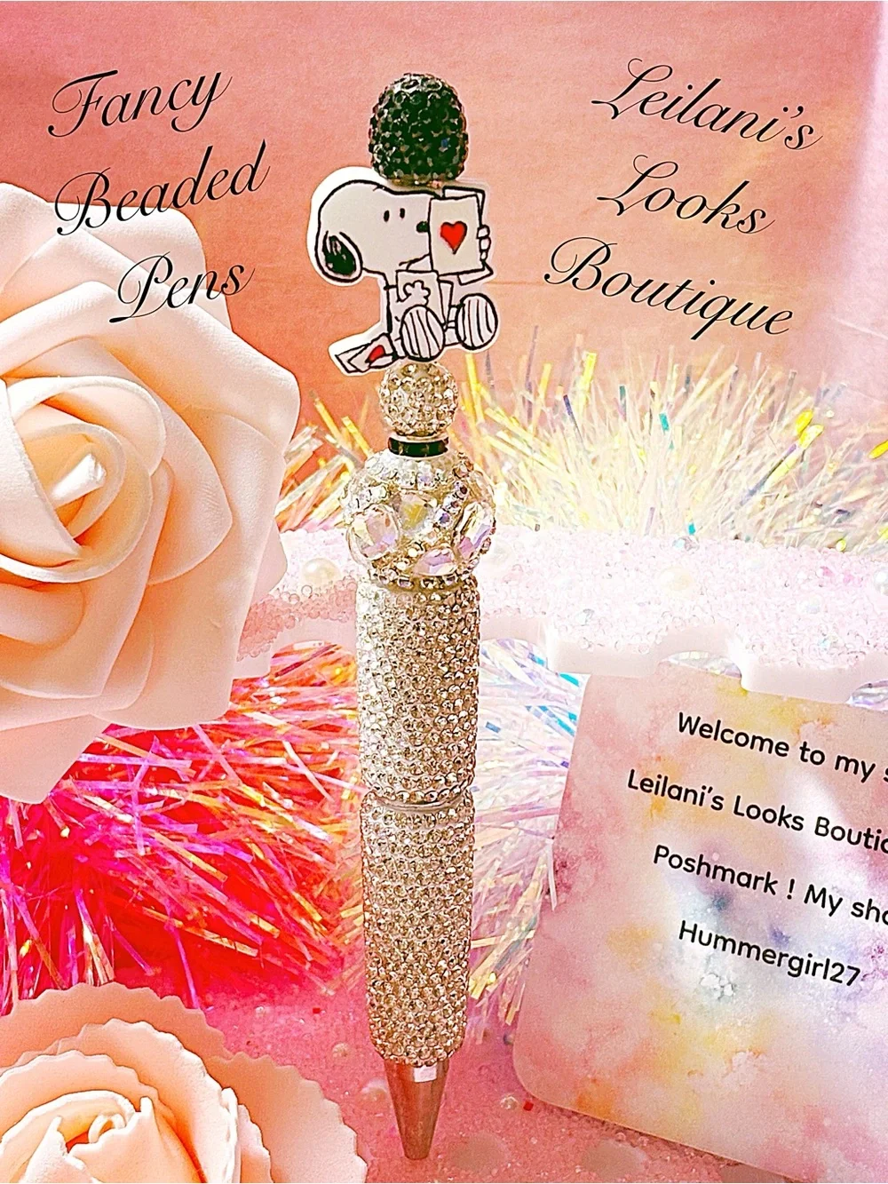 Rhinestone Beaded Ballpoint Pen with Snoopy Topper